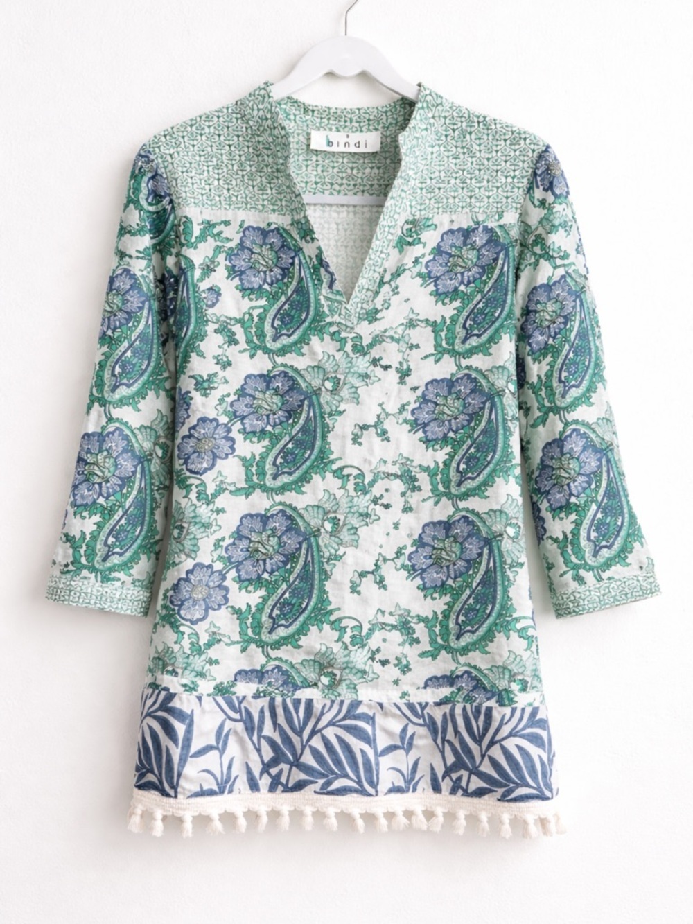 Bindi Tunic Top S Cotton Green Blue Paisley Boho Beach Cover Up Tassel - Picture 2 of 6